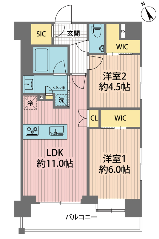 【築浅】プレシス文京江戸川橋 6階 2LDKの間取り