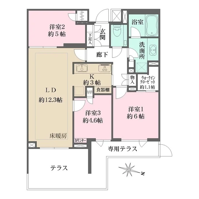 ザ・パークハウス小日向 1階 3LDKの間取り