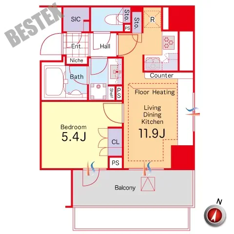 メゾンカルム本郷 2階 1LDKの間取り