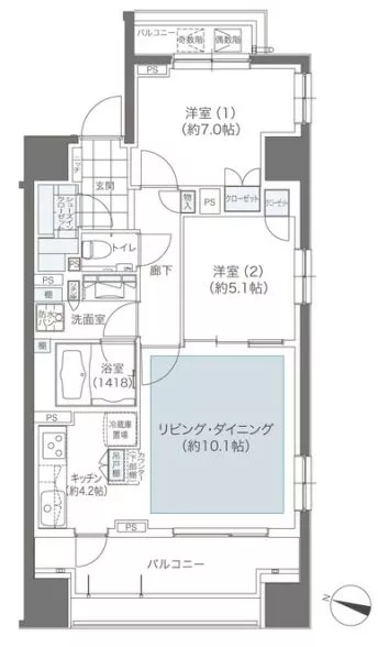 メゾンカルム本郷 2階 2LDKの間取り