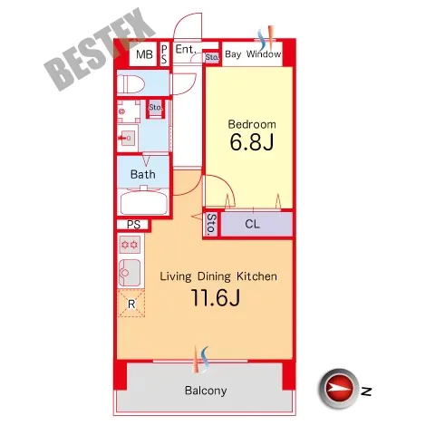 プライムアーバン千駄木 5階 1LDKの間取り