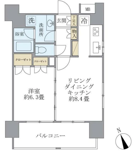 エコロジー白山レジデンス 14階 1LDKの間取り