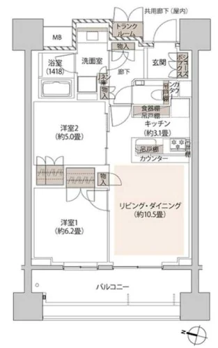 ザ・パークハウス本郷 2階 2LDKの間取り