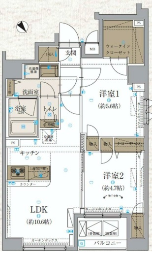 リヴシティ文京春日 7階 2LDKの間取り
