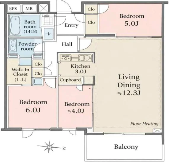 ザ・パークハウス小日向 3階 3LDKの間取り
