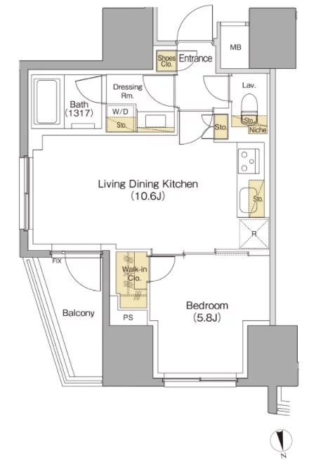 【築浅】ザ・パークハビオ本郷菊坂 5階 1LDKの間取り