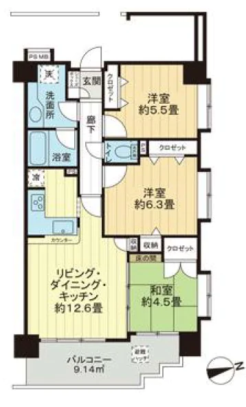 ロイヤルタワー春日 5階 3LDKの間取り