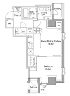 ザ・パークハビオ小石川 4階 1LDKの間取り