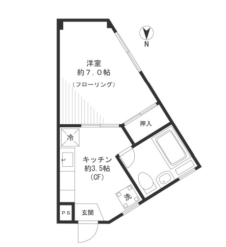 坂巻マンションA棟 2階 1Kの間取り