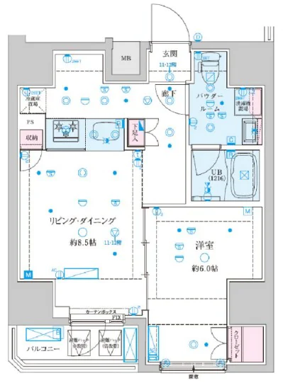 ジェノヴィア文京千駄木 12階 1LDKの間取り