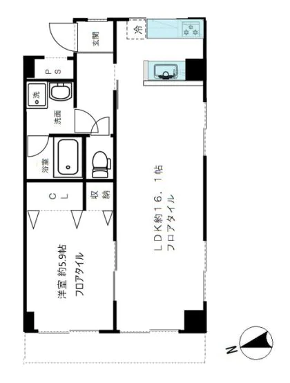 湯島台レジデンス 3階 1LDKの間取り