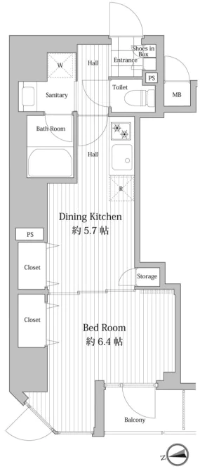 ウエルカーサ文京湯島 5階 1DKの間取り