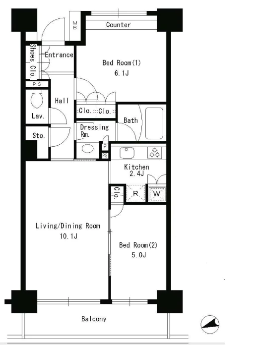 パークアクシス文京ステージ 1階 2LDKの間取り