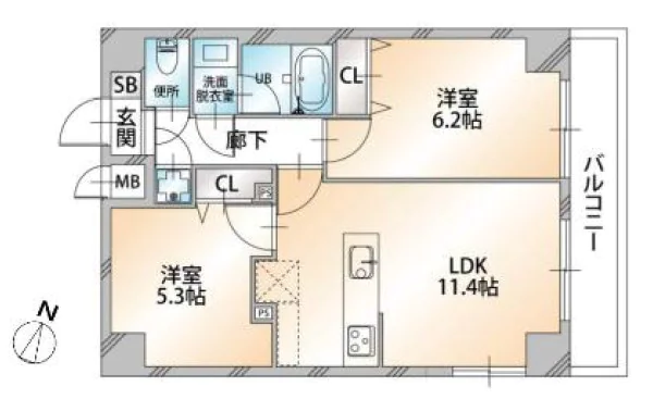 オーキッドレジデンス本駒込（エクセルシオール本駒込） 5階 2LDKの間取り