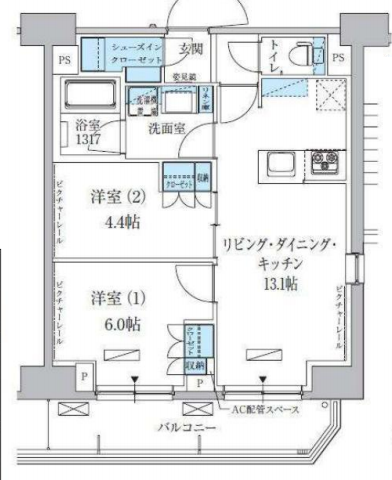 パークアクシス上野三丁目 10階 2LDKの間取り