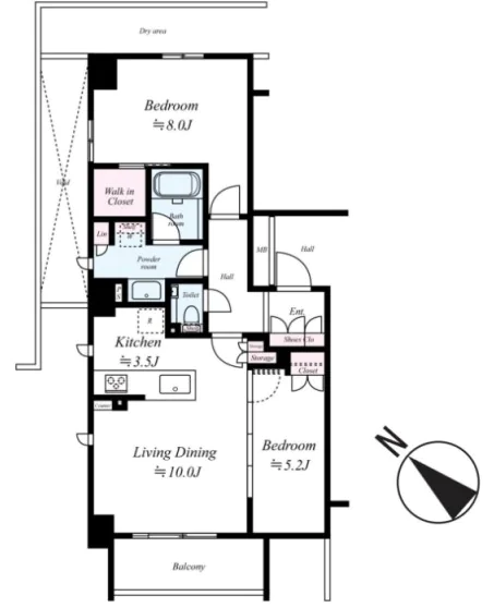 【築浅】プレミスト文京千石 3階 2LDKの間取り