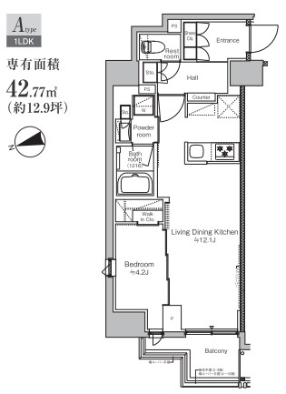 【築浅】プラウドフラット本郷三丁目 13階 1LDKの間取り