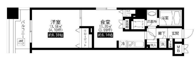 レジディア上野池之端 8階 1DKの間取り