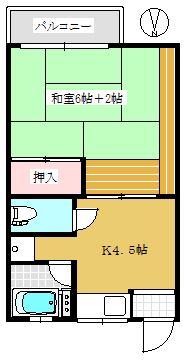 かたばみ苑第２棟 2階 1Kの間取り