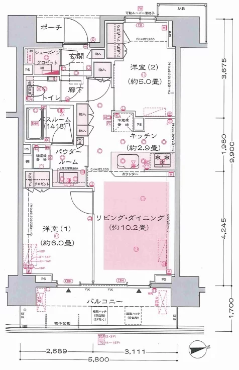 シティハウス本郷三丁目 14階 2LDKの間取り