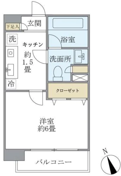 エコロジー白山レジデンス 6階 1Kの間取り