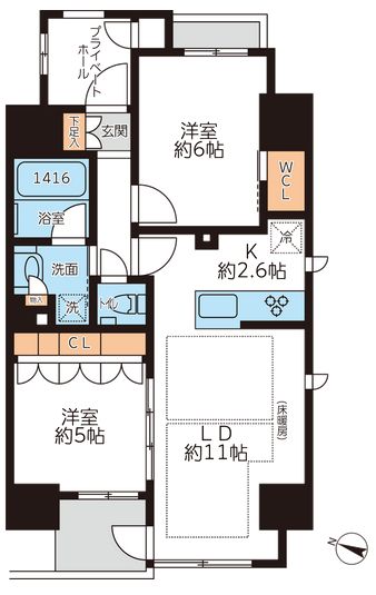 グランカーサ本駒込 13階 2LDKの間取り