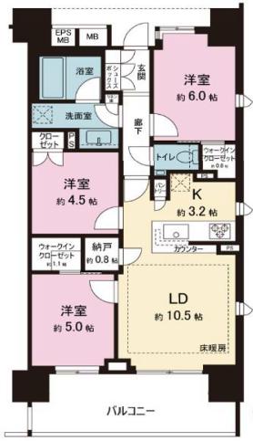 ザ・パークハウス上野池之端レジデンス 11階 3LDKの間取り