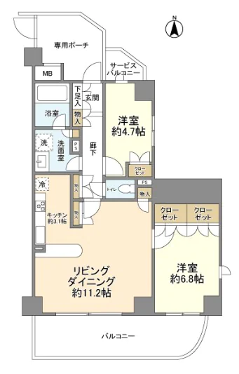 クオリア後楽園 4階 2LDKの間取り