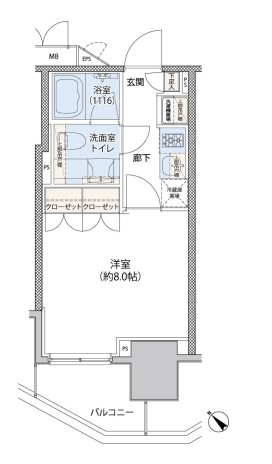 レジディア文京小石川Ⅱ（旧クレヴィアリグゼ小石川） 2階 1Kの間取り