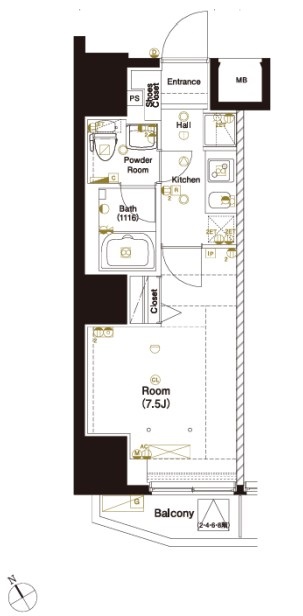 【新築】マーロ後楽園 7階 1Kの間取り