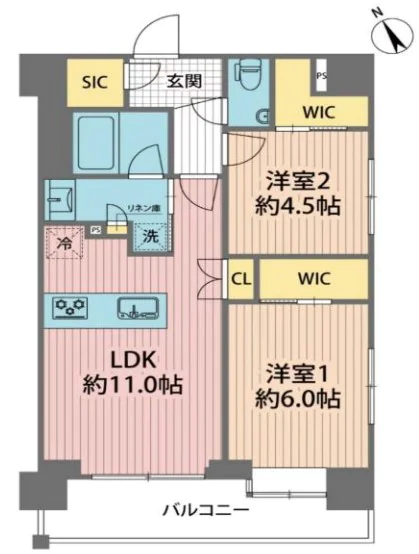 【築浅】プレシス文京江戸川橋 6階 2LDKの間取り