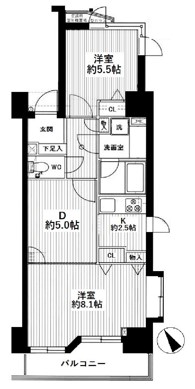 ライオンズマンション小石川シティ 9階 2DKの間取り