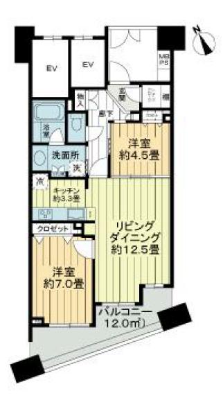 ライオンズスクエア小石川後楽園 3階 2LDKの間取り