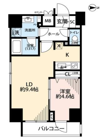 プレール・ドゥーク文京湯島 13階 1LDKの間取り
