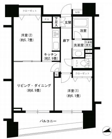 パークキューブ浅草田原町 12階 2LDKの間取り