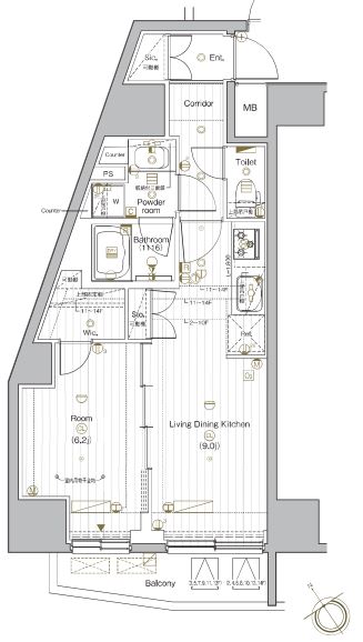 【築浅】PREMIUM CUBE G 後楽園 12階 1LDKの間取り