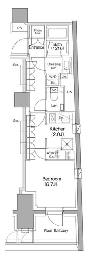 ザ・パークハビオ小石川 5階 1Kの間取り