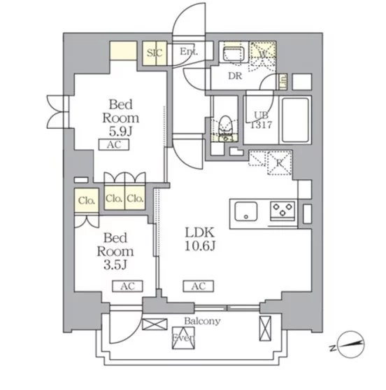 【新築】ザ・ライオンズフォーシア文京湯島 9階 2LDKの間取り