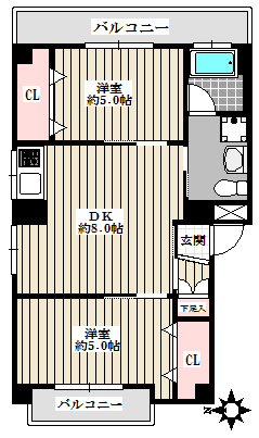 吉田ビル 2階 2DKの間取り