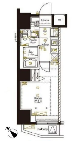 【新築】マーロ後楽園 5階 1Kの間取り