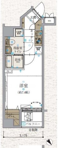 リヴシティ文京春日 3階 1Kの間取り