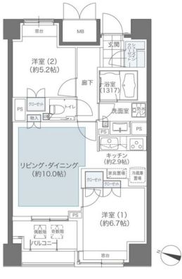 メゾンカルム本郷 14階 2LDKの間取り