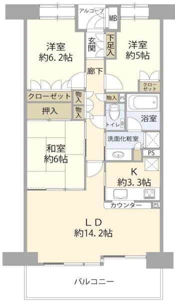 小石川後楽園パークハウス 7階 3LDKの間取り