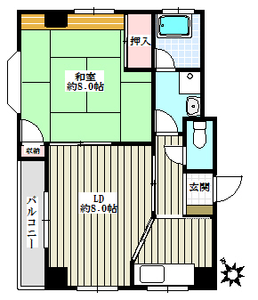 【駅1分】ハイネスイイダ 2階 1LDKの間取り