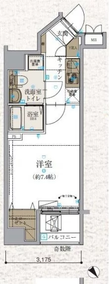 リヴシティ文京春日 5階 1Kの間取り