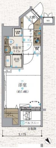 リヴシティ文京春日 2階 1Kの間取り