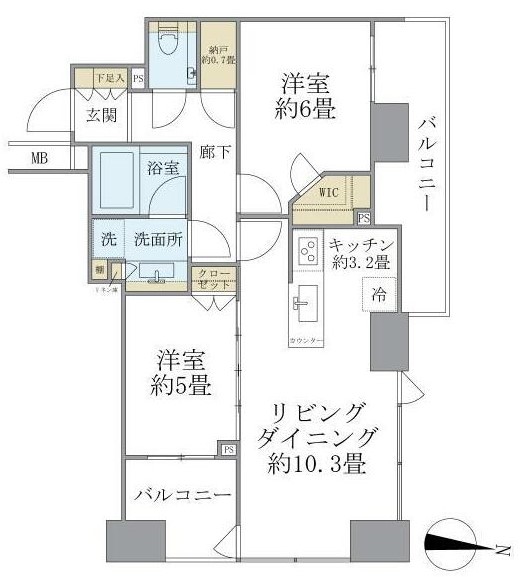 シティタワー上野池之端 18階 2LDKの間取り