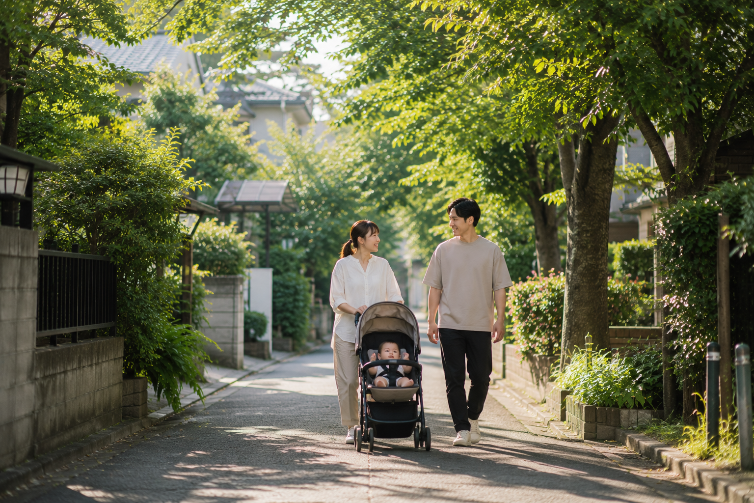 ベビーカーで緑の多い住宅街を歩く子育て世帯のイメージ