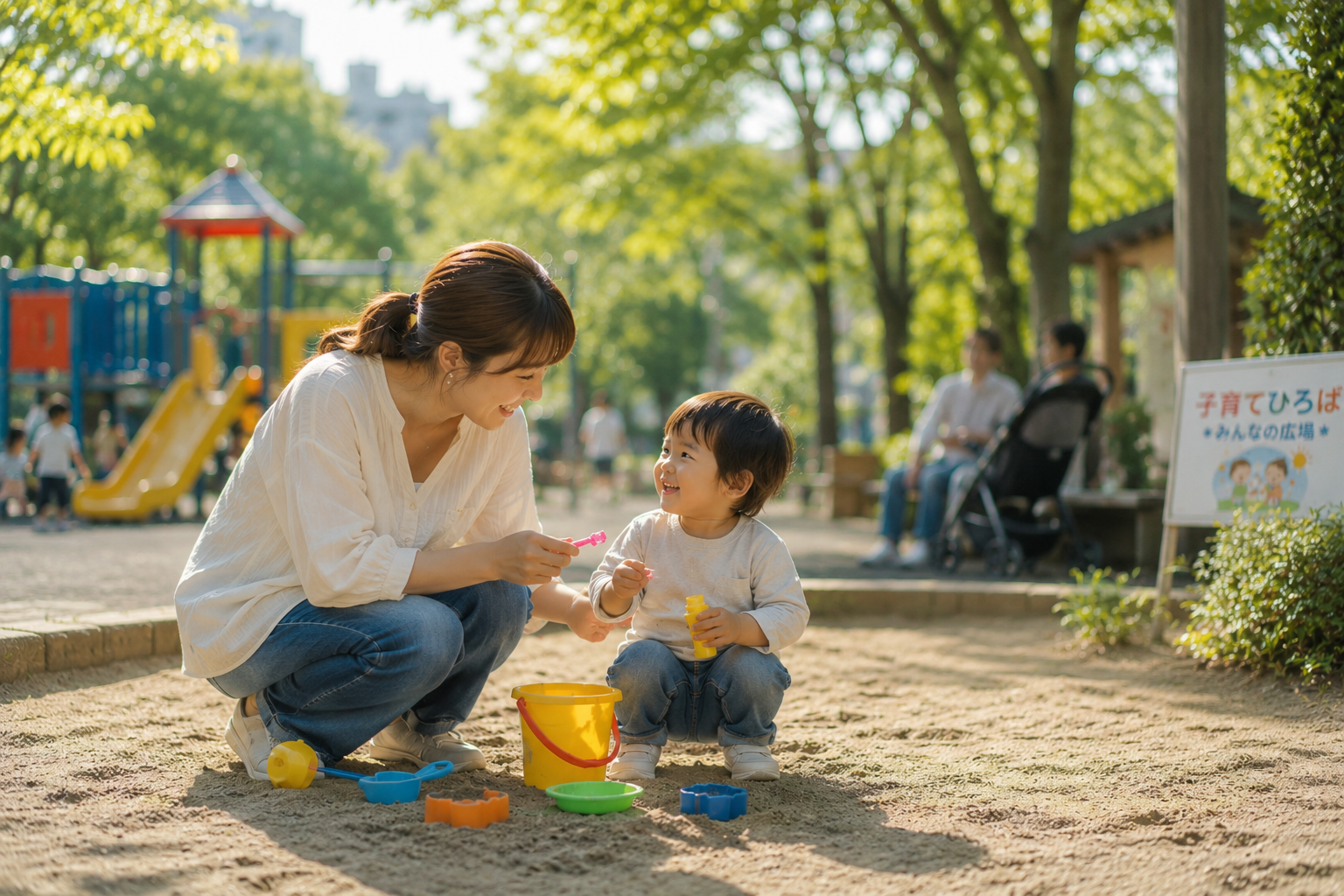 公園で親子が遊ぶ子育て支援や外遊びのイメージ
