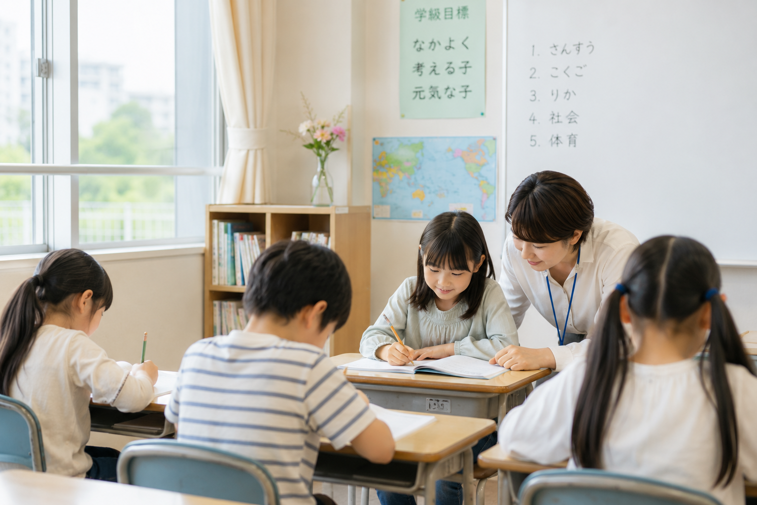 明るい教室で子どもたちが学ぶ教育環境のイメージ